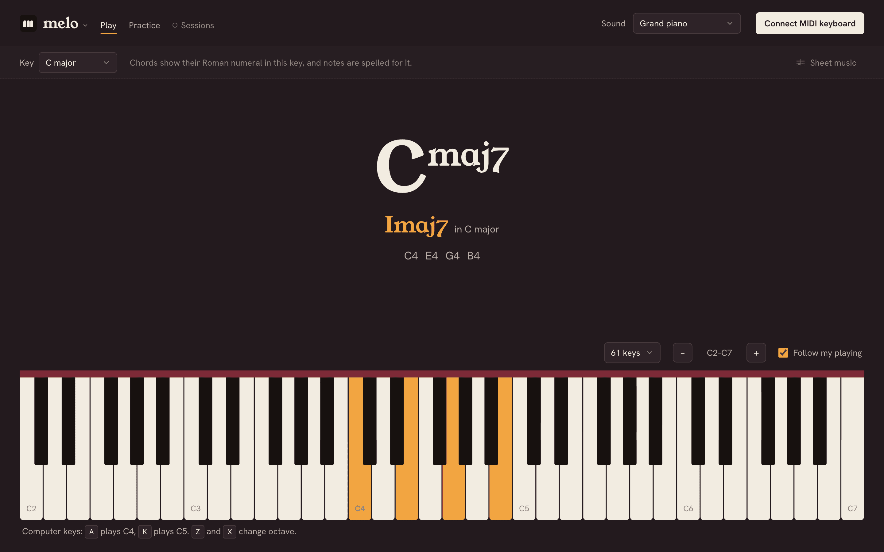 melo’s Play page naming a chord as it’s held